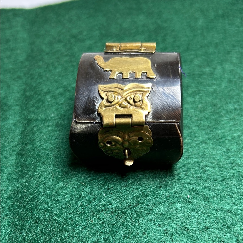 Black horn Trinket Box with brass hinge and clasp. Royal Purple Velvet Liner